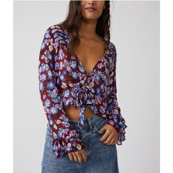 Free People Floral Maybel Blouse V Neck Long Sleeve Sheet Ruffle Shirt Womens M - Picture 1 of 8